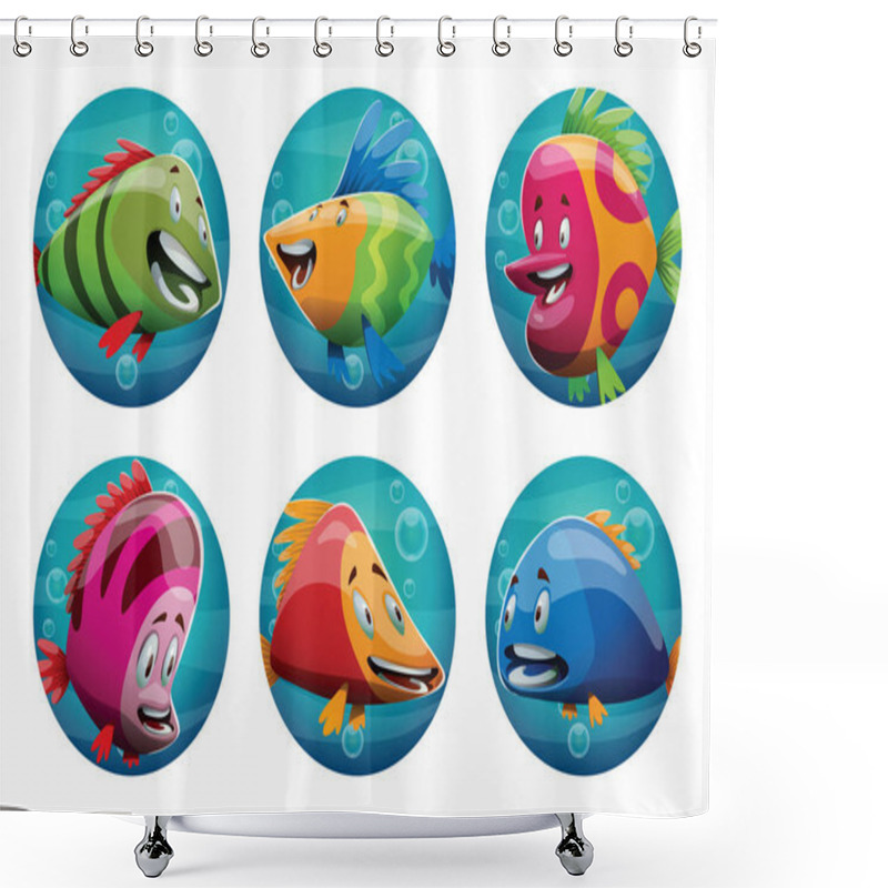 Personality  Set Of Six Round Blue Frames With Cute Fishes Shower Curtains