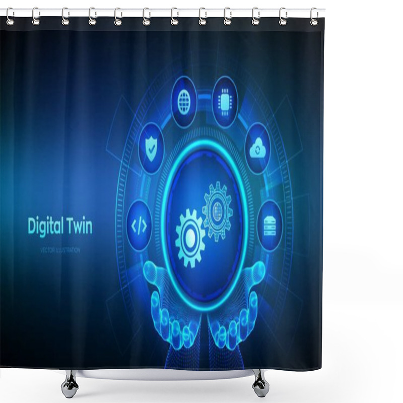 Personality  Digital Twin Business And Industrial Process Modelling Technology Concept On Virtual Screen. Innovation And Optimisation. Digital Twin Icon In Wireframe Hands. Vector Illustration Shower Curtains