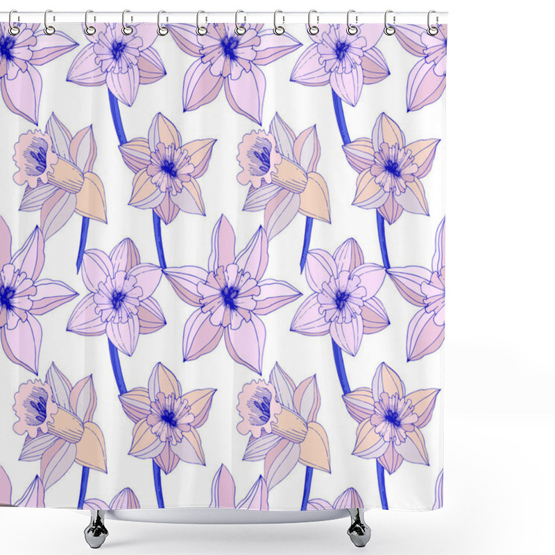 Personality  Vector Narcissus Flowers. Purple Engraved Ink Art. Seamless Background Pattern. Fabric Wallpaper Print Texture On White Background. Shower Curtains