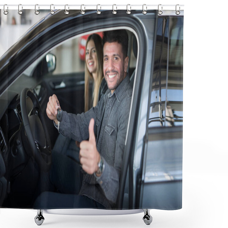 Personality  Couple Searching For A New Car In Salon, Man Showing Thumb Up  Shower Curtains