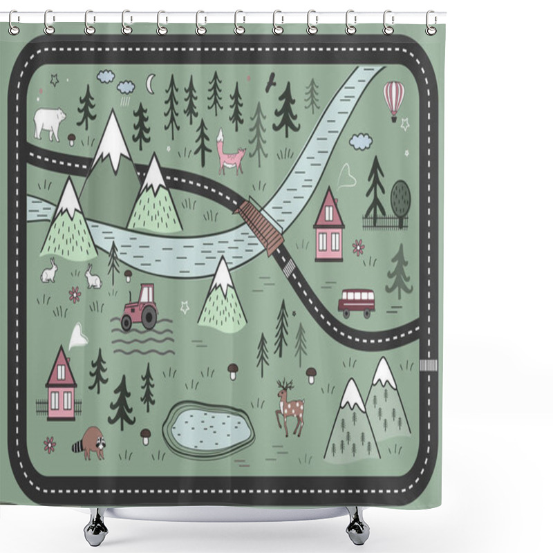 Personality  Cute Road Play Mat In Scandinavian Style. Vector River, Mountains And Woods Adventure Map With Houses, Wood, Field, And Animals. Shower Curtains