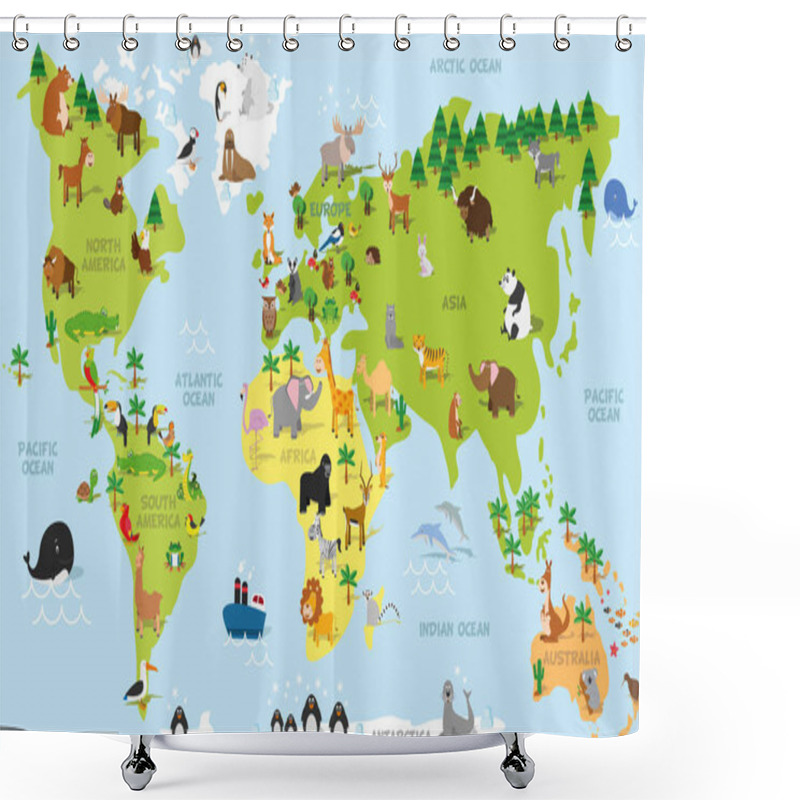 Personality  Funny Cartoon World Map With Traditional Animals Of All The Continents And Oceans. Vector Illustration. Shower Curtains