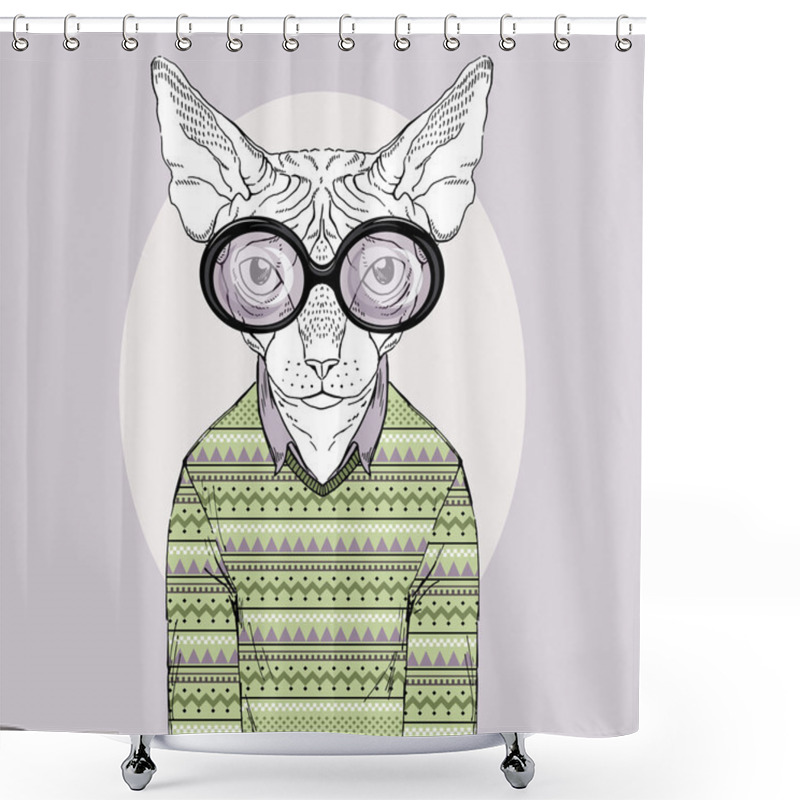 Personality  Hand Drawn Fashion Illustration Of Sphinx Cat Hipster Shower Curtains