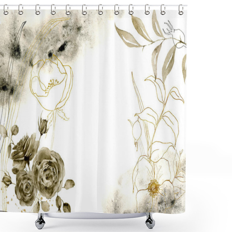 Personality  Watercolor Monochrome Floral Composition. Hand Painted Sepia And Golden Flowers With Branches Isolated On White Background. Floral Vintage Illustration For Design, Print, Or Background. Shower Curtains