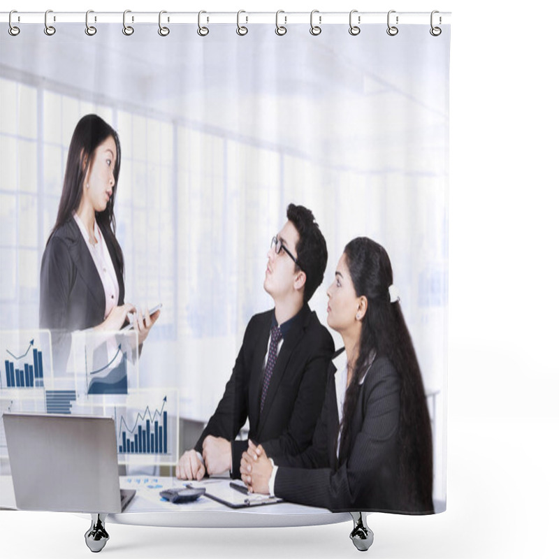 Personality  Young Worker Presents Financial Chart Shower Curtains