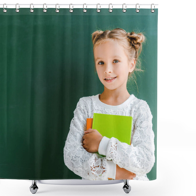 Personality  Happy Schoolgirl Smiling While Standing With Books On Green  Shower Curtains