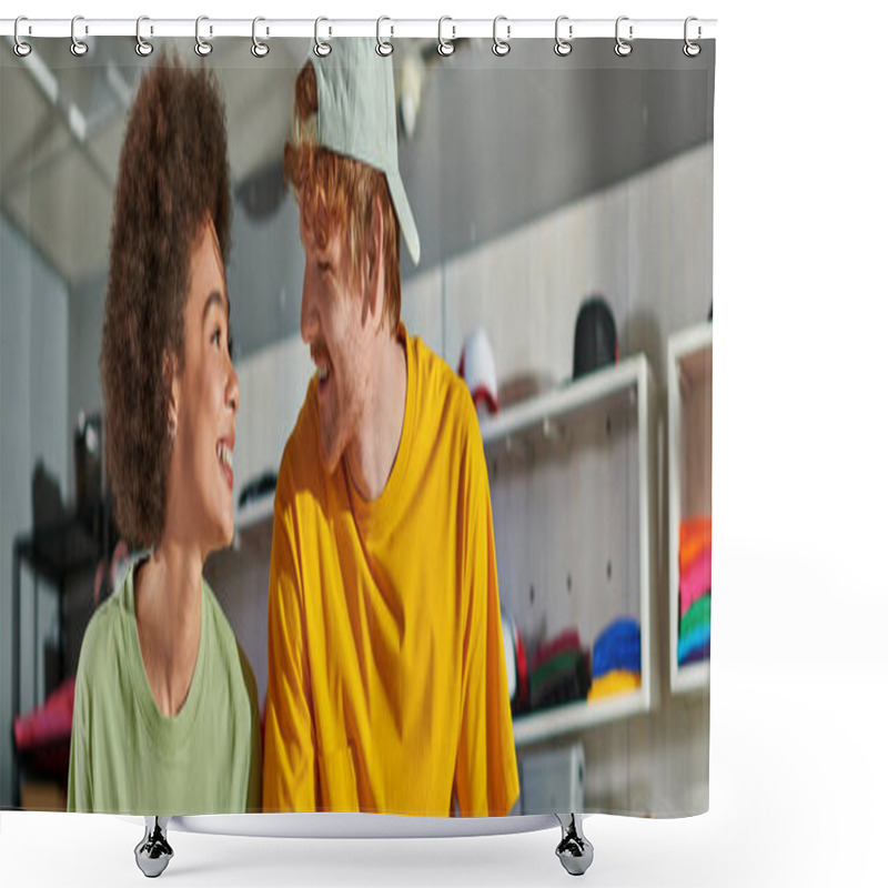 Personality  Young And Positive Multiethnic Craftspeople Talking And Looking At Each Other While Working Together In Blurred Print Studio At Background, Thriving Small Enterprise Concept, Banner  Shower Curtains