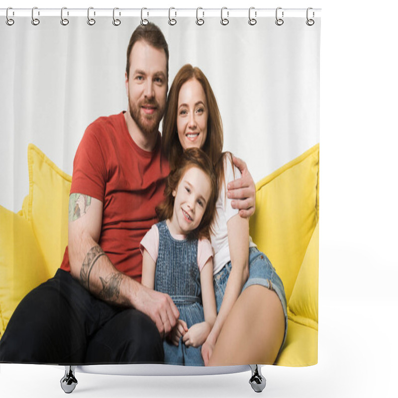 Personality  Portrait Of Smiling Family Sitting On Couch Isolated On White Shower Curtains