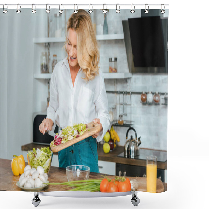 Personality  Beautiful Adult Woman Making Healthy Salad At Kitchen Shower Curtains