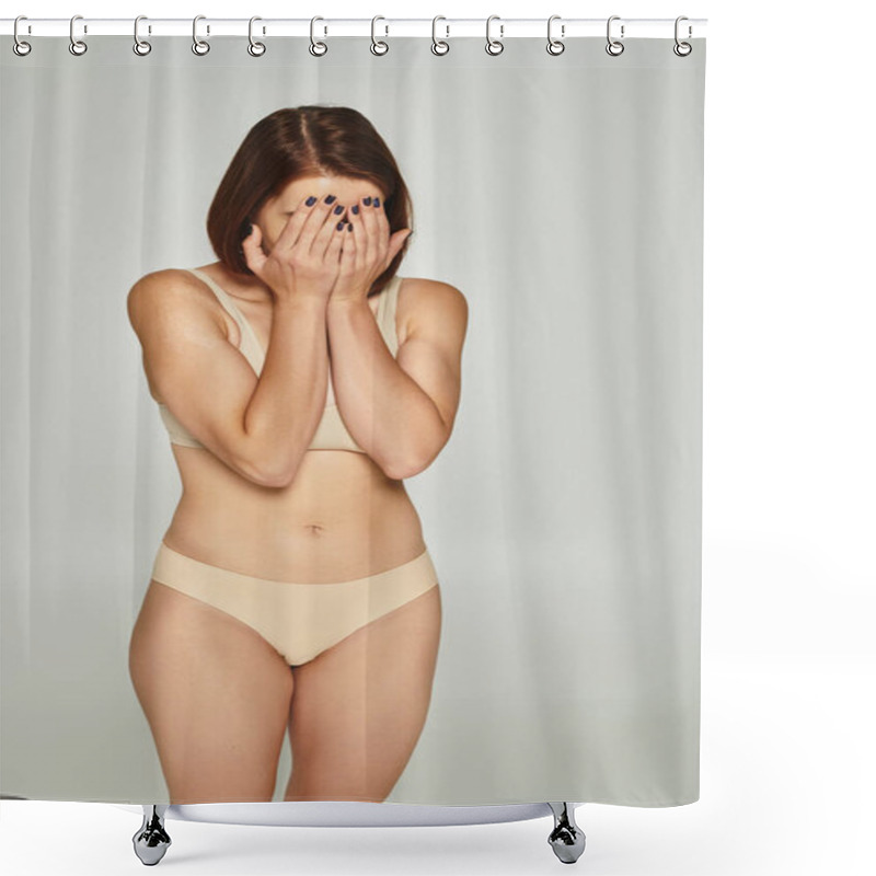 Personality  Embarrassed Young Woman In Beige Underwear Covering Face With Hands On Grey Background, Body Shaming Shower Curtains