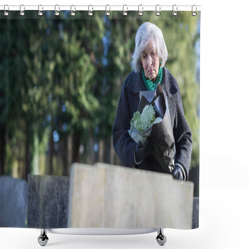 Personality  Sad Senior Woman With Flowers Standing By Grave Shower Curtains