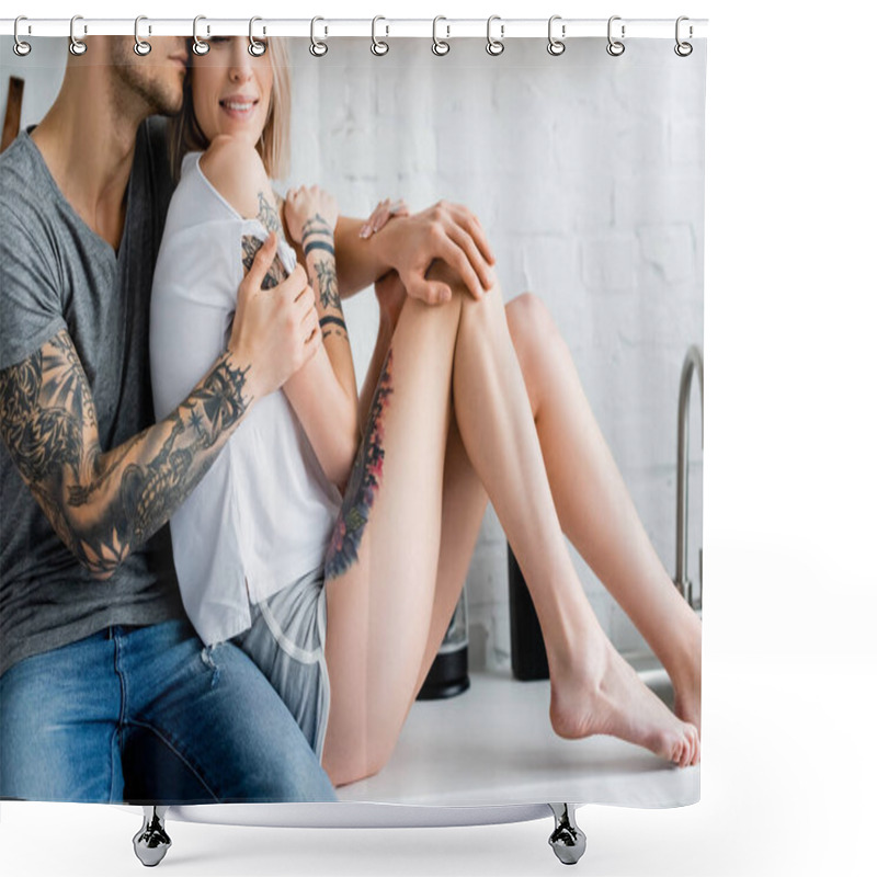 Personality  Cropped View Of Tattooed Man Hugging Beautiful Smiling Girl On Worktop In Kitchen  Shower Curtains