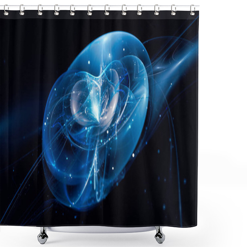 Personality  Blue Glowing Quantum Universe, Computer Generated Abstract Background, 3D Rendering Shower Curtains