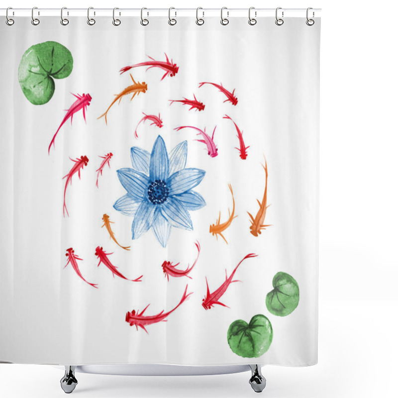 Personality  Little Red And Orange Fish And Blue Lotus Flower Hand Drawn With Ink. Traditional Oriental Ink Painting Sumi-e, U-sin, Go-hua. Shower Curtains