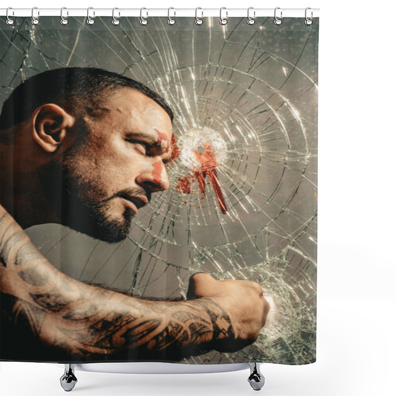 Personality  Men In A Fight. Man With Muscular Body Punching. Men Fashion Brutal Models. Handsome Brutal Man On Gray Background. Muscular Athletic Sexy Male With Naked Torso. Shower Curtains