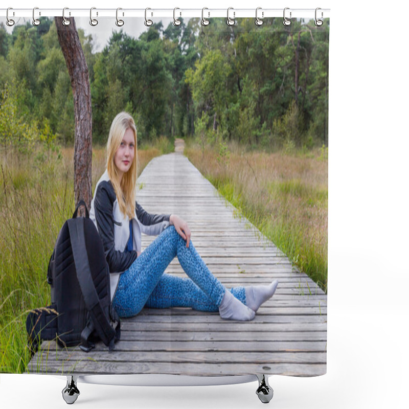 Personality  Blonde Girl Resting On Wooden Path In Nature Shower Curtains