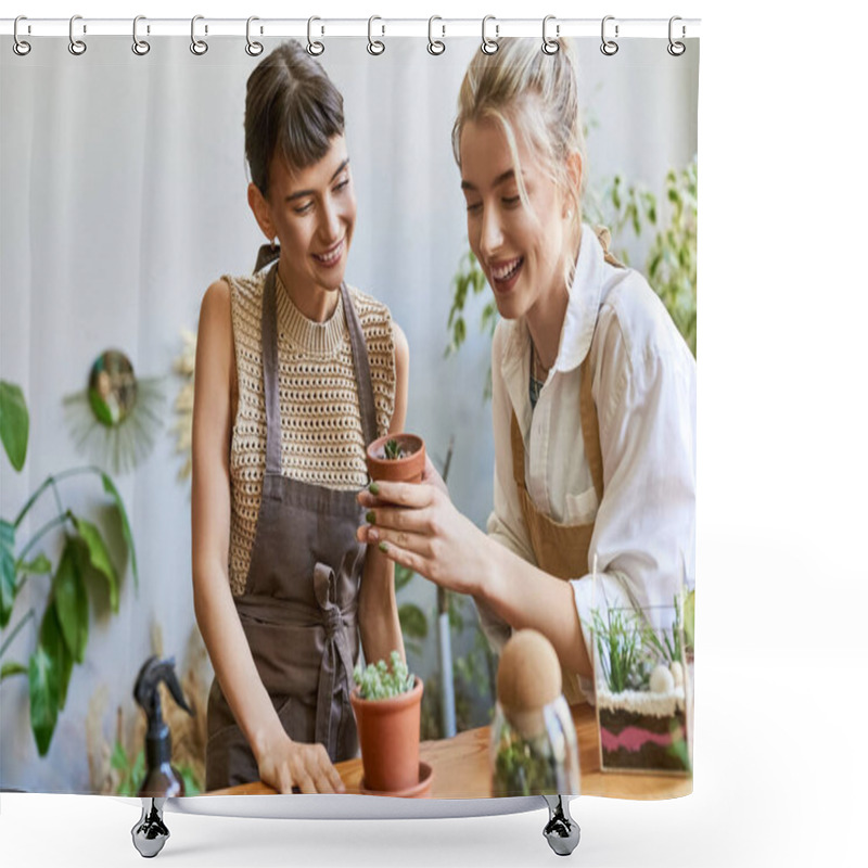 Personality  Two Women Admiring A Potted Plant With Love And Curiosity. Shower Curtains