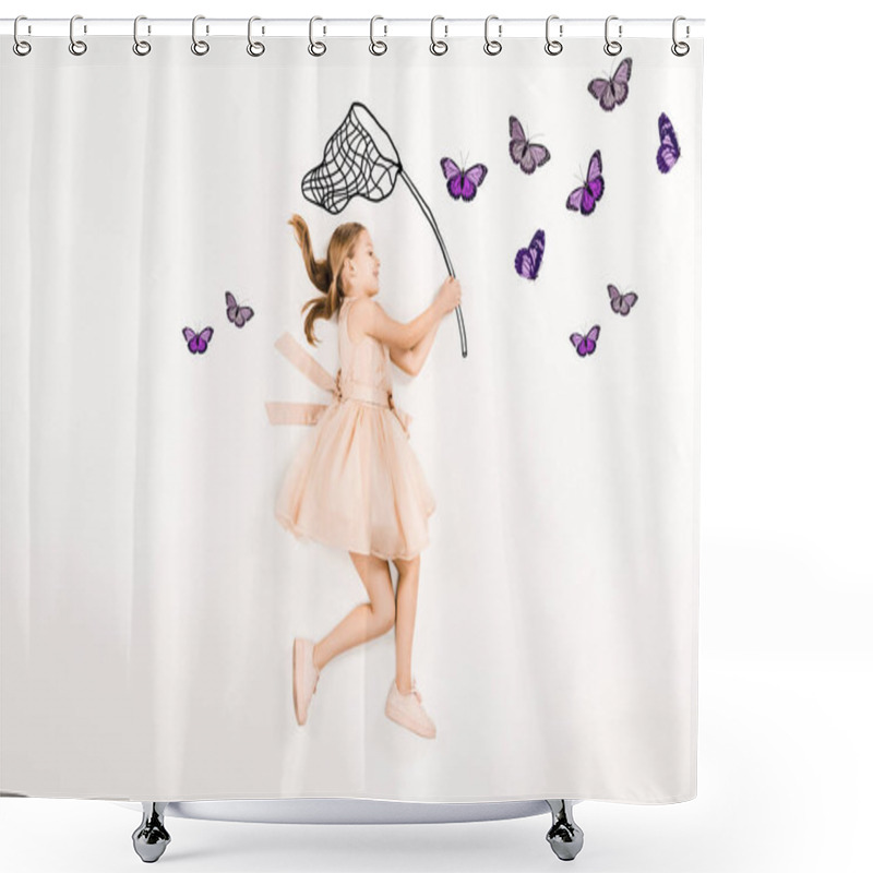 Personality  Top View Of Cheerful Kid In Pink Dress Holding Butterfly Net Near Butterflies On White  Shower Curtains