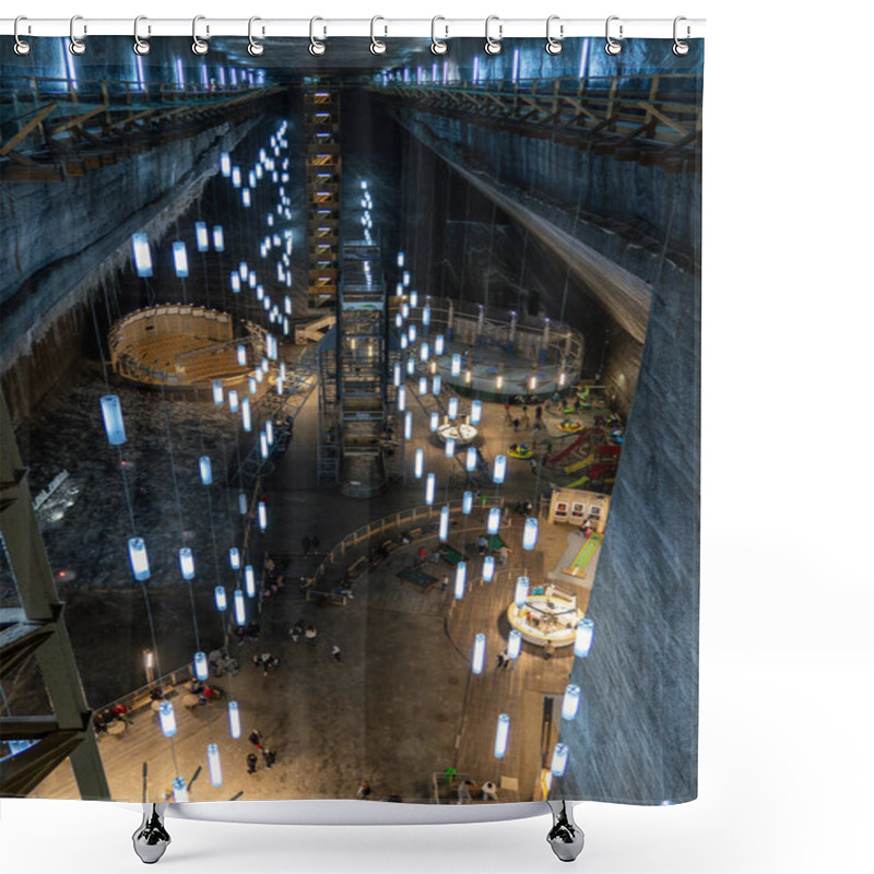 Personality  Turda, Romania, October 20, 2024: An Aerial View Of Salina Turda, A Historic Salt Mine Transformed Into A Modern Tourist Attraction, Featuring Illuminated Walkways And Recreational Areas. Shower Curtains