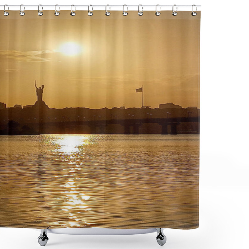 Personality  A Breathtaking Sunset Over Kyiv, Featuring The Iconic Motherland Monument And Ukrainian Flag Reflecting On The Calm River Waters. A Serene And Patriotic Scene With Golden Tones. Shower Curtains