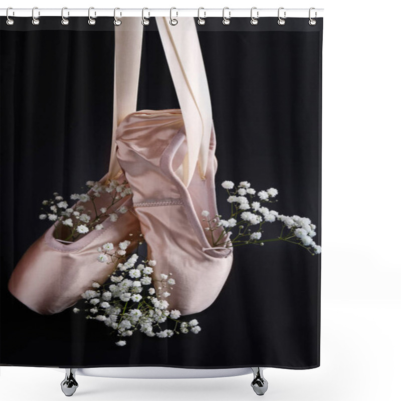 Personality  Ballet Shoes With Flowers On Dark Background Shower Curtains