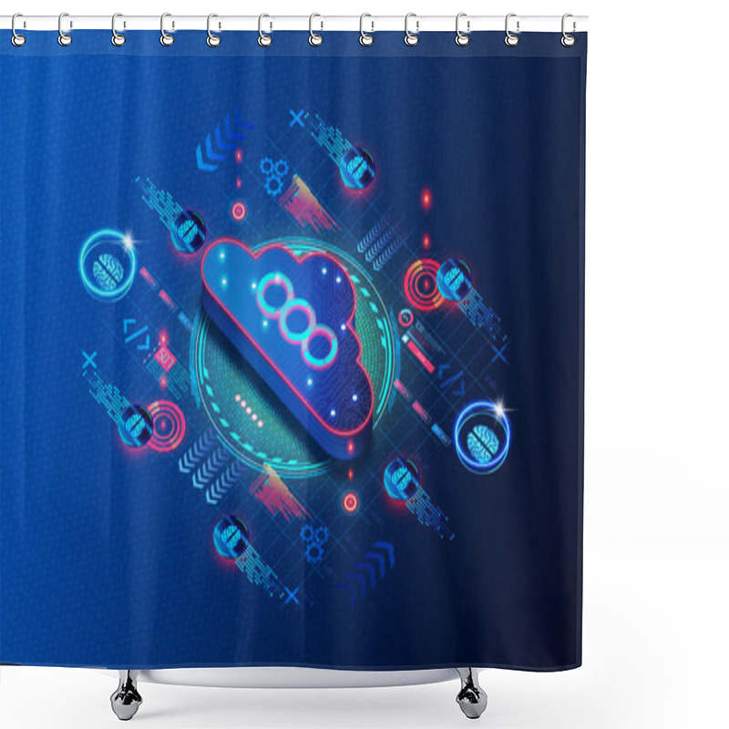 Personality  Machine Learning Operations Concept - MLOps - Machine Learning Field Focused On Taking ML Models To Production - Digital Cloud Surrounded By Data And Digital Brains - 3D Illustration  Shower Curtains