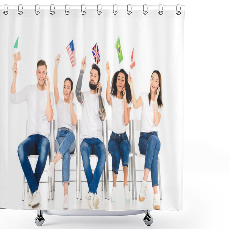 Personality  Multiethnic Group Of Young People Talking On Smartphones And Holding Flags Above Heads Isolated On White Shower Curtains