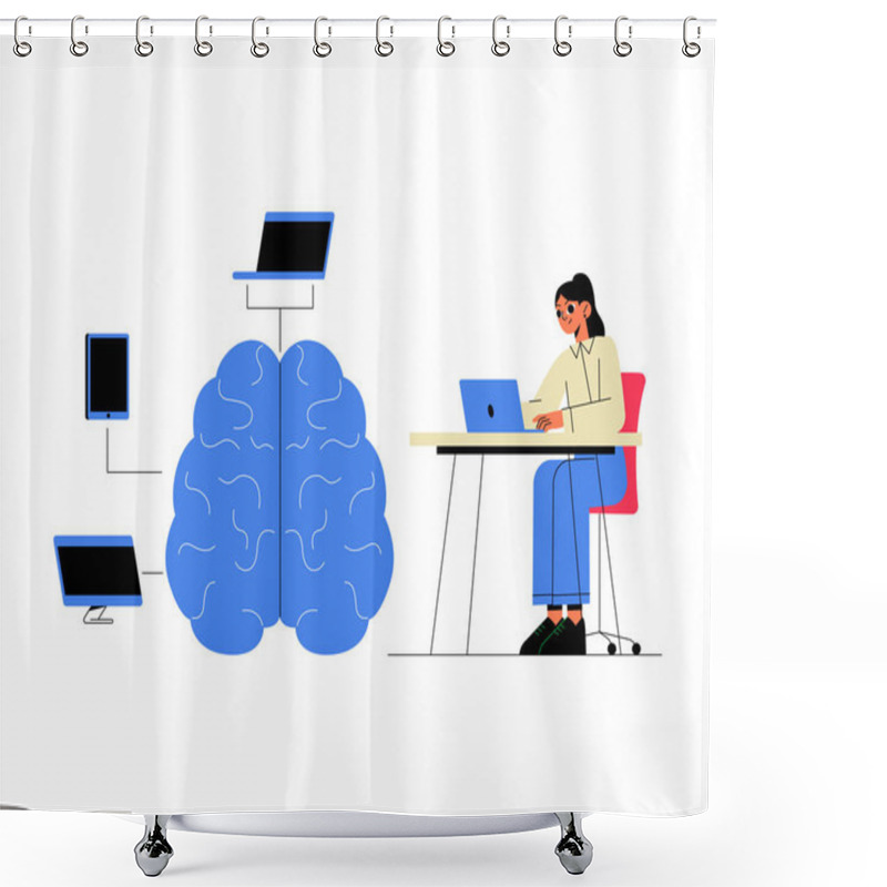 Personality  Woman Working On A Laptop Connected To An AI Brain Network With Multiple Devices Linked To Artificial Intelligence. Flat Vector Illustration Representing Neural Networks And Machine Learning Shower Curtains