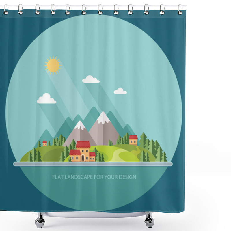 Personality  Landscape. Houses In The Mountains Among The Trees. Flat Style,  Shower Curtains