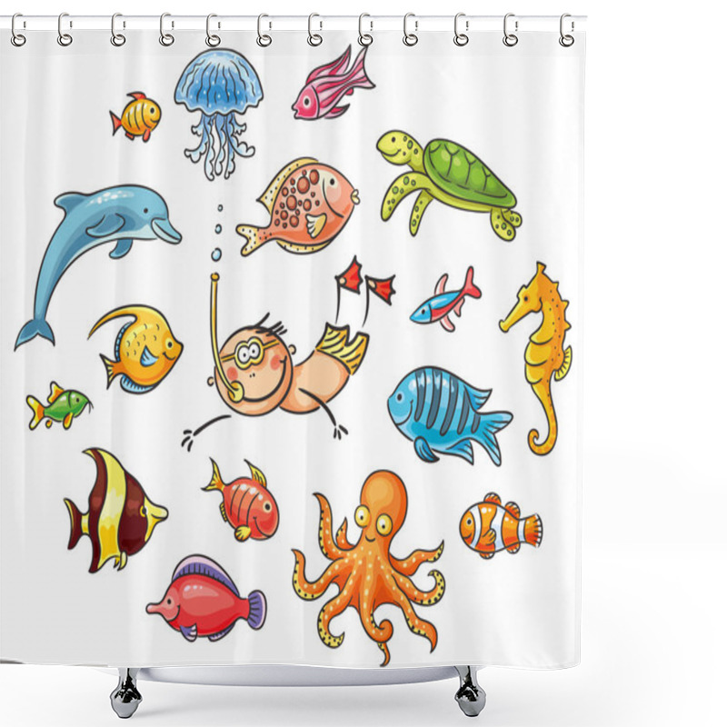 Personality  Diver With A Set Of Sea Animals Shower Curtains