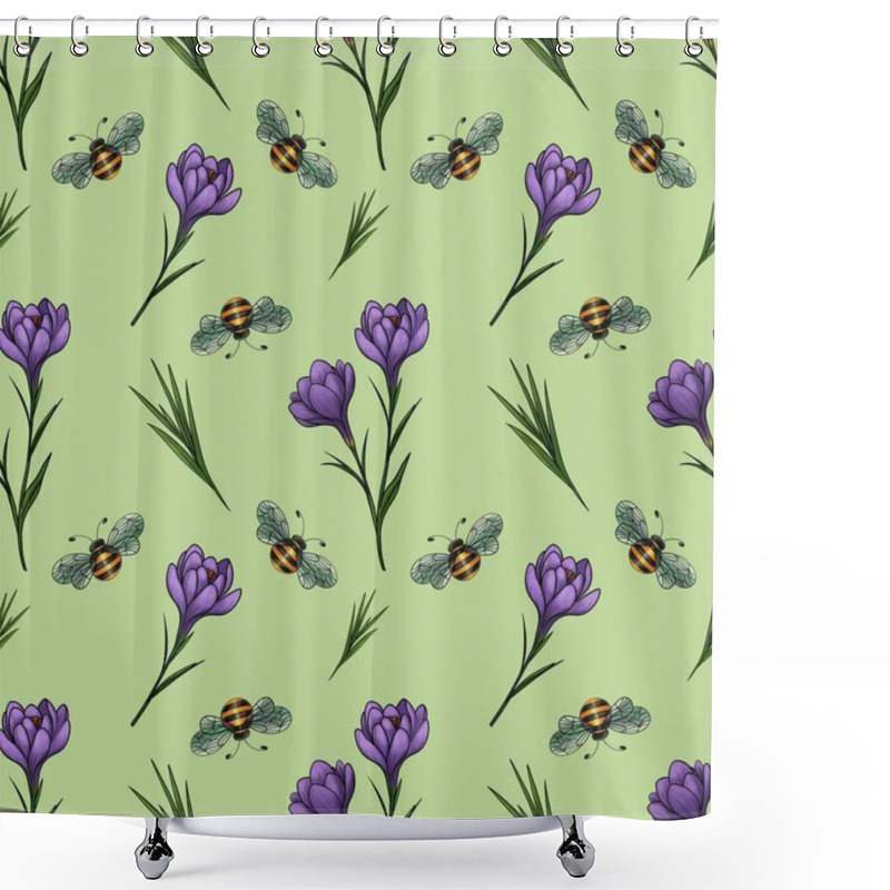 Personality  Spring Purple Crocuses With Leaves And Bee In Small Design On Fresh Green Background Shower Curtains