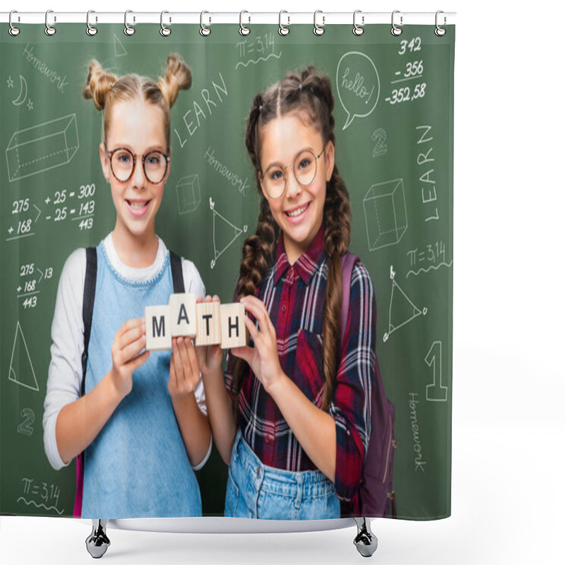 Personality  Schoolchildren Holding Wooden Cubes With Word Math Near Blackboard With Mathematics Symbols Shower Curtains