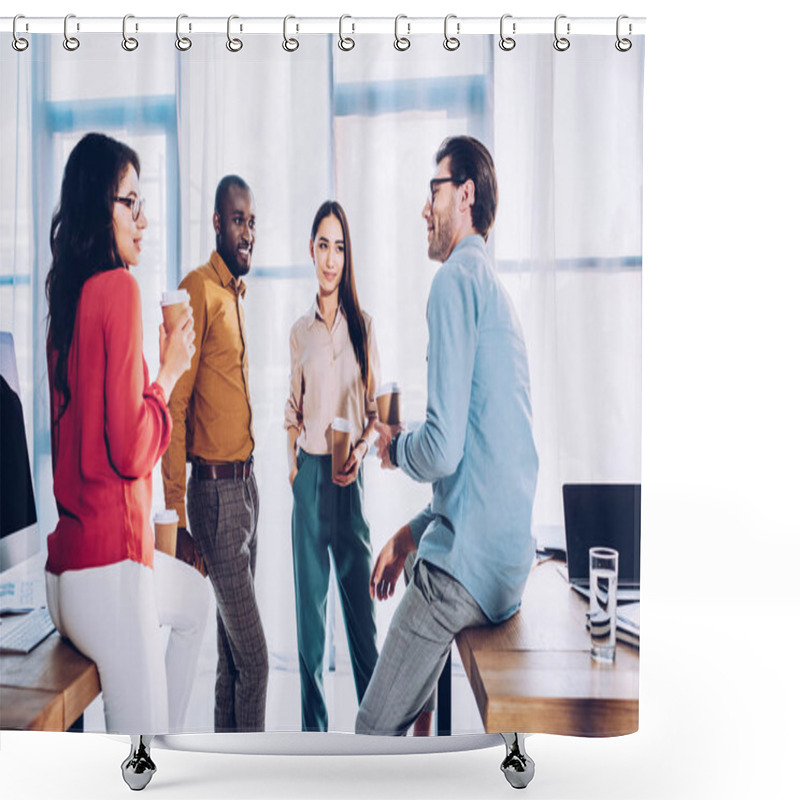 Personality  Interracial Business Colleagues Having Conversation During Coffee Break In Office Shower Curtains