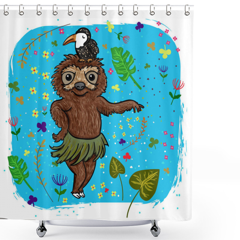 Personality  The Dance Of The Sloth. Toucan Bird Slumbers On The Head Of The Animal. Hawaiian Style. Leafy Background - Vector. Shower Curtains