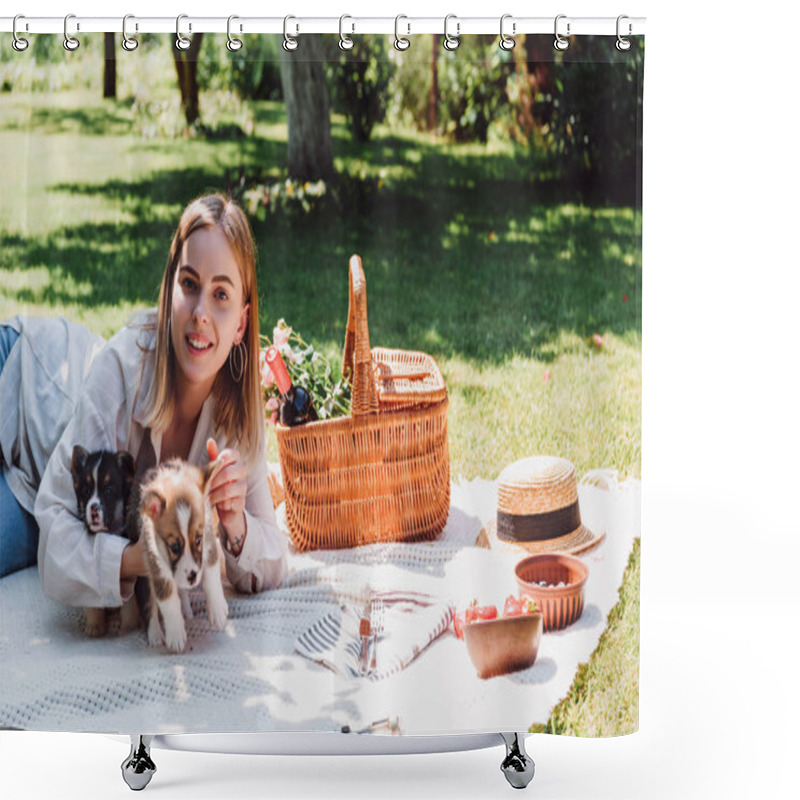 Personality  Happy Blonde Girl Sitting On Blanket In Garden And Having Picnic With Puppies At Sunny Day Shower Curtains