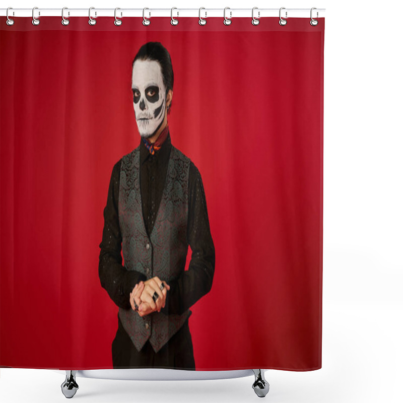 Personality  Elegant Man In Eerie Dia De Los Muertos Skull Makeup Looking At Camera On Red, Mexican Tradition Shower Curtains