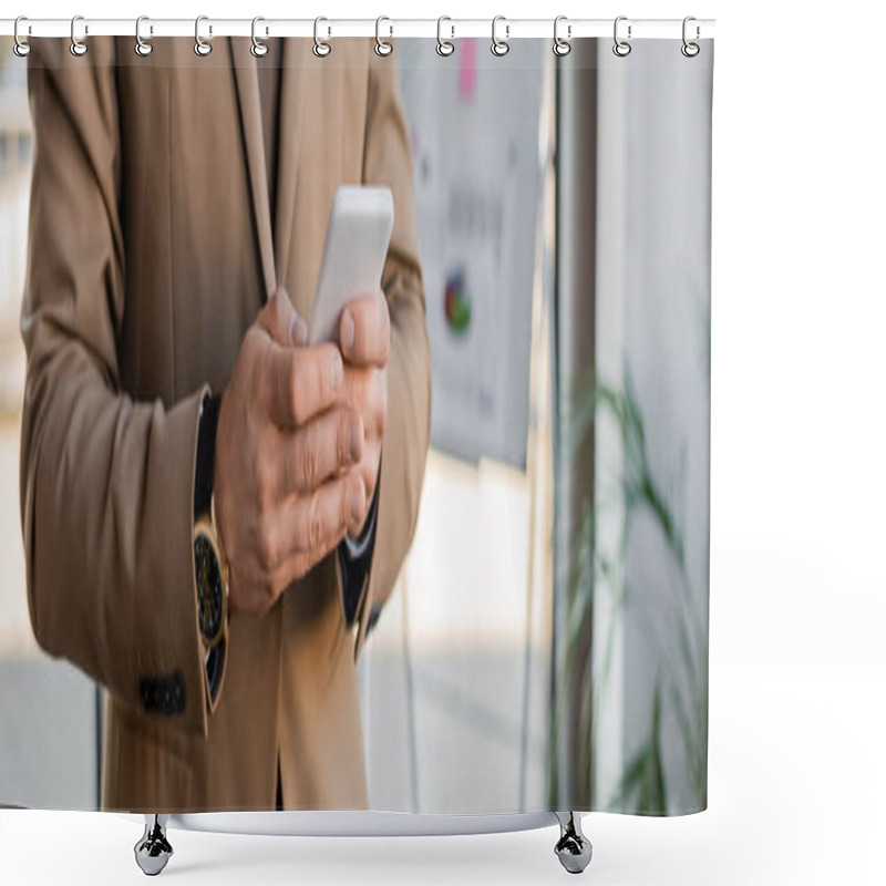 Personality  Cropped View Of Accomplished Entrepreneur Wearing Beige Blazer And Stylish Wristwatch, Using Mobile Phone Near Flip Chart With Business Analytics On Blurred Background, Banner Shower Curtains