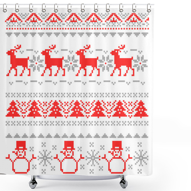 Personality  Merry Christmas Traditional Scandinavian Knitting Pixel Borders With Reindeer And Christmas Tree. Vector Illustration Shower Curtains