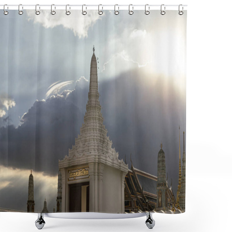 Personality  Bangkok, Thailand - Dec 07, 2022 - Architectural Details Of Svasti Sopha Gate At The Buddhist Temple Of The Emerald Buddha Temple (Wat Phra Kaew) Against The Background Of Cloudy Blue Sky. It Is Also A Potent Religion Symbolic And A Famous Tourist De Shower Curtains