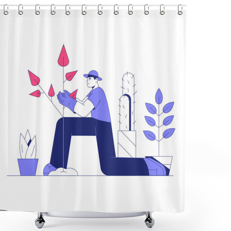 Personality  A Male Gardener Kneeling While Planting And Caring For Plants, Surrounded By Potted Plants, Symbolizing Horticulture, Sustainability, And Nature Care. Shower Curtains