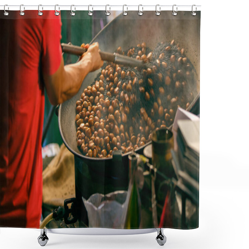 Personality  Close Up Movement Hand A Man Worker Roasting Chestnuts In Street Chinatown Or Yaowarat Road In Bangkok, Thailand Shower Curtains