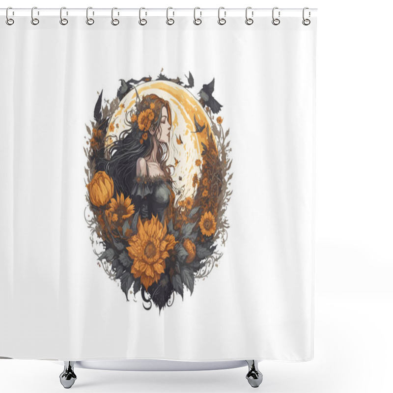 Personality  Watercolor Witch In Dark Forest Surrounded By Trees And Flowers, Vector Illustration Clipart Shower Curtains