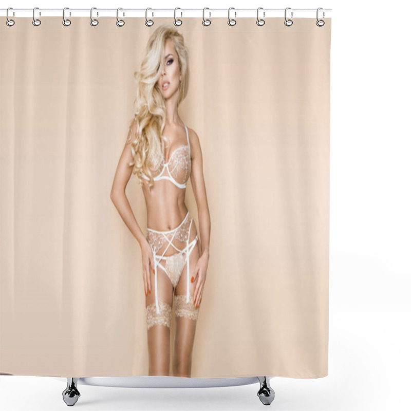 Personality  Elegant Female Model In  Sexy  Lingerie  Standing On Beige Background And Sensually Poses Shower Curtains