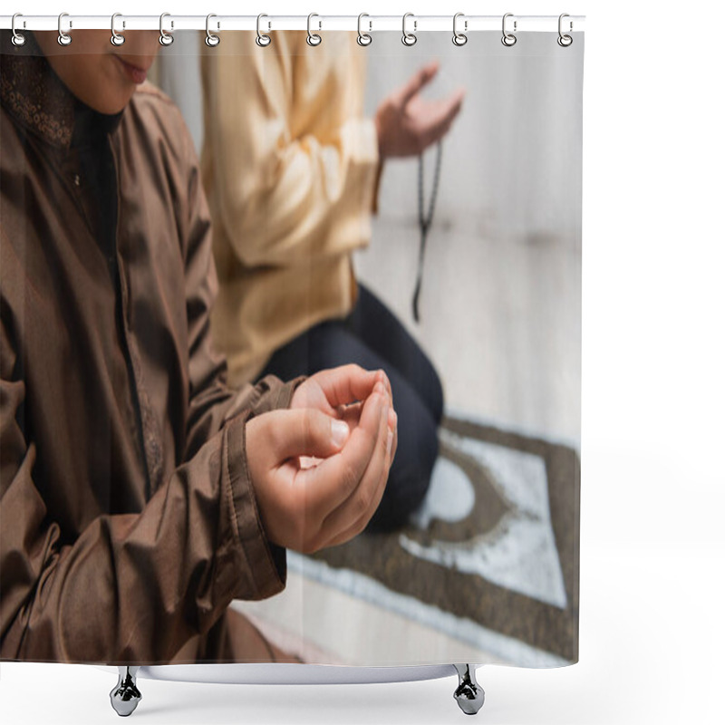 Personality  Cropped View Of Muslim Boy Praying During Salah Near Blurred Dad At Home  Shower Curtains