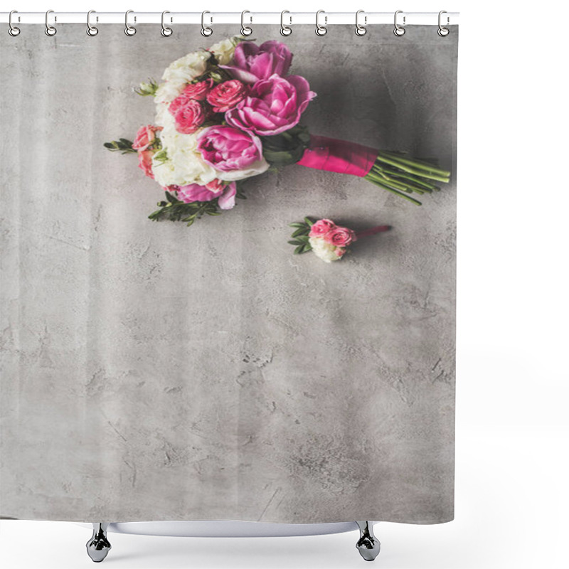 Personality  Top View Of Wedding Bouquet And Boutonniere On Gray Surface Shower Curtains