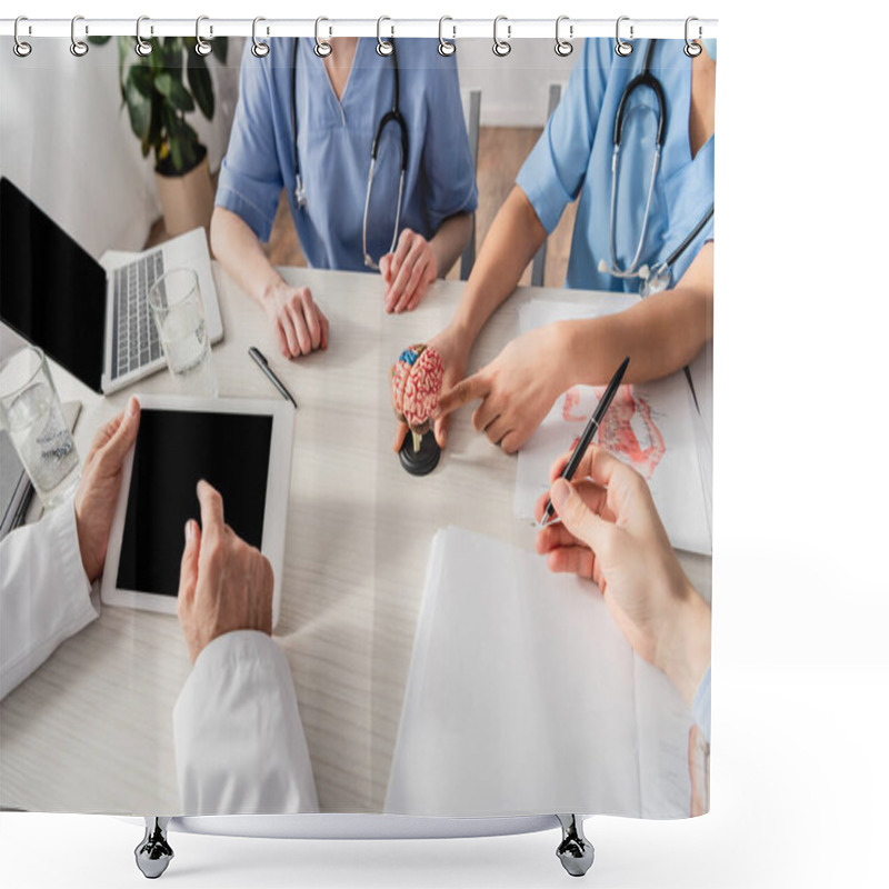 Personality  Cropped View Of African American Nurse Pointing With Finger At Brain Anatomical Model Near Colleagues At Workplace  Shower Curtains