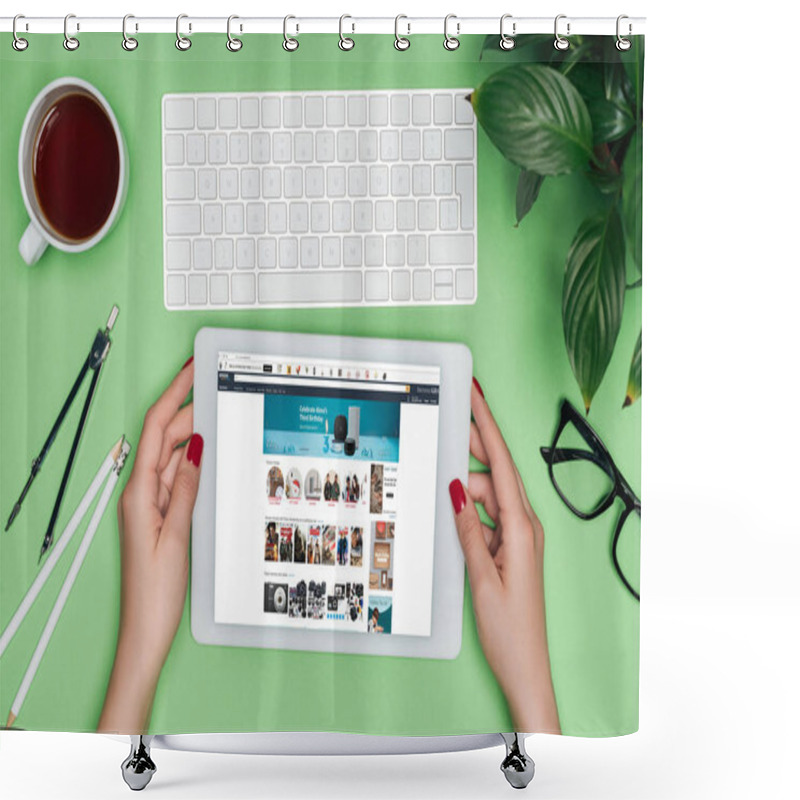 Personality  Cropped Image Of Female Architect Holding Digital Tablet With Amazon On Screen At Table With Divider, Eyeglasses And Potted Plant  Shower Curtains