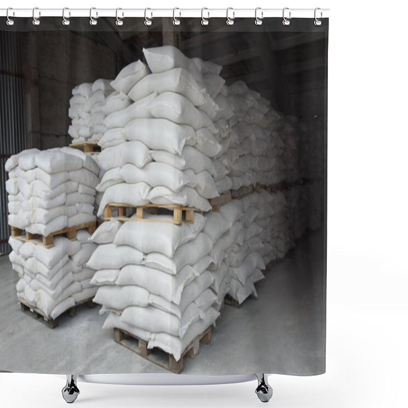 Personality  Bags Of Flour And Grain Are Stacked On Pallets, Stored In The Factory Warehouse. Ready-made Ingredient For Loading And Further Transportation. Shower Curtains