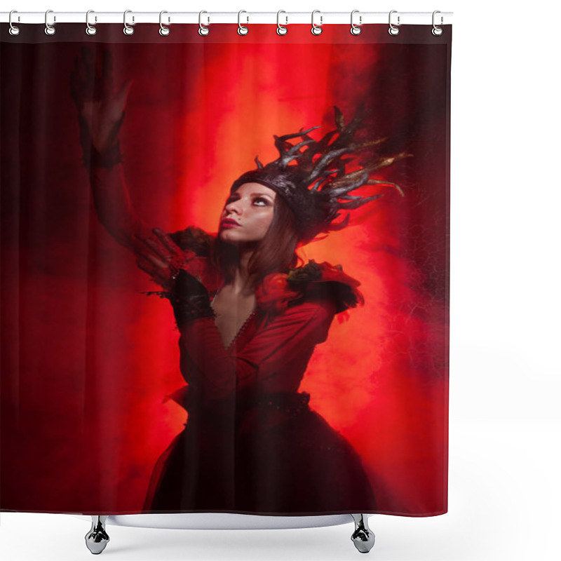 Personality  Beautiful Fashion Witch Woman With Horns In The Form Of Tree Roots In A Long Luxurious Dress On The Background Of A Huge Gate With Red Smoke. Halloween Concept Shower Curtains