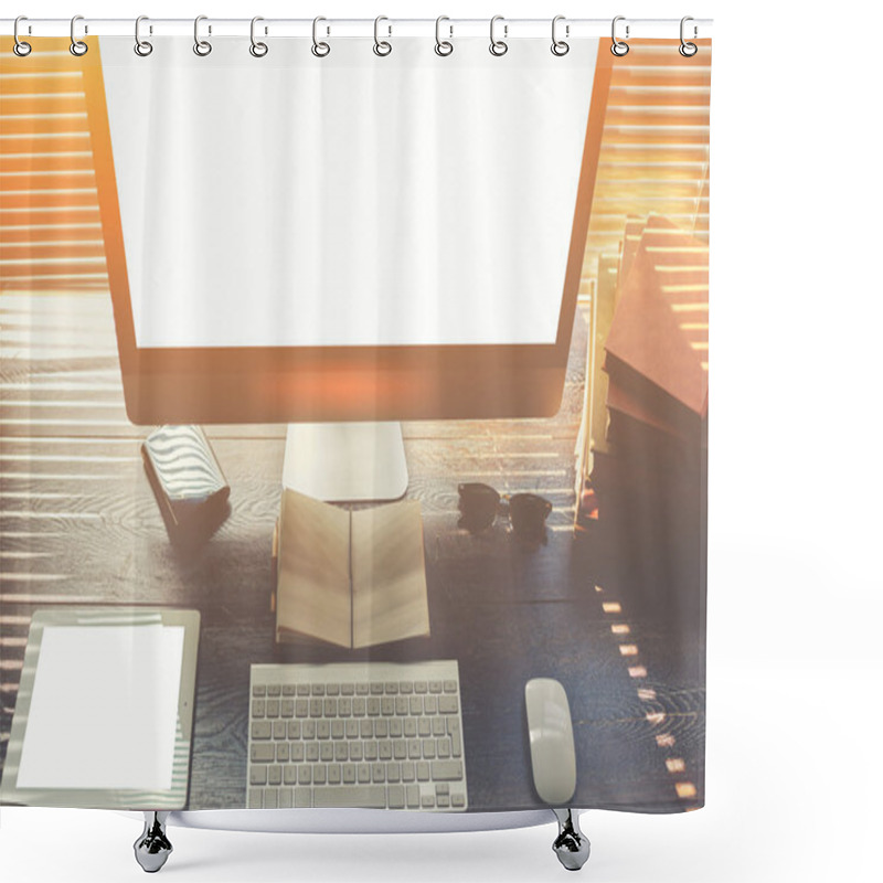 Personality  Mock Up Of Home Desktop With Pc Computer And Touch Pad With Blank Copy Space Screen For Your Promotional Content Shower Curtains